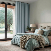 Sky Blue Linen Back Tab Curtains for Sliding Doors in a Bedroom with Light Grey Walls - Blackout Lining
@Heading: Back Tabs