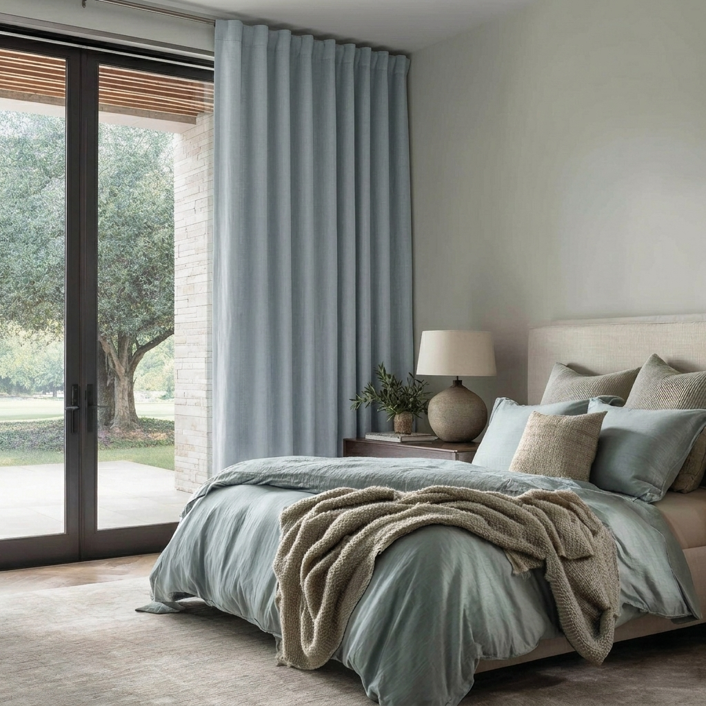 Sky Blue Linen Back Tab Curtains for Sliding Doors in a Bedroom with Light Grey Walls - Blackout Lining
@Heading: Back Tabs