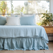 Sky Blue Linen Bed Skirt with Gathered Ruffles