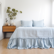 Sky Blue Linen Bed Skirt with Gathered Ruffles