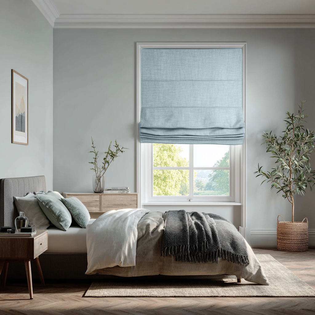 Sky Blue Linen Roman Shades - Blackout Lining