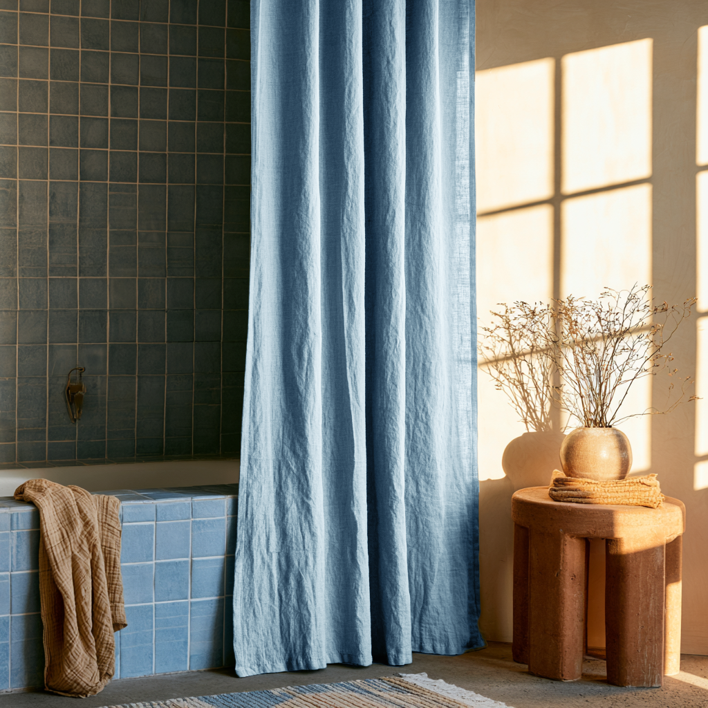 Sky Blue Linen Button-Hole Top Weighted Shower Curtain in a Cozy Bathroom with Blue Tiles in Morning Light