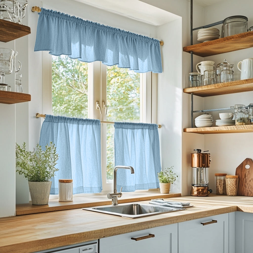 Sky Blue Linen Cafe Curtains Valance Set