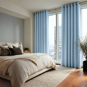 Sky Blue Linen Grommet Bedroom Curtains in a Calm Minimal Bedroom with Soft Grey Blue Walls and Charcoal Accents - Blackout Lining