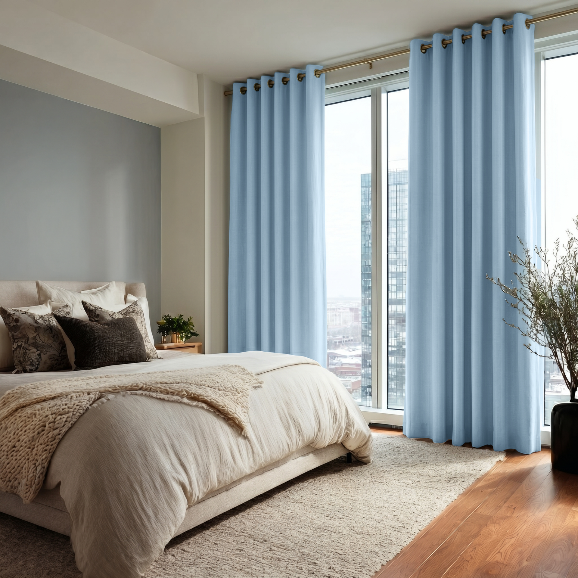 Sky Blue Linen Grommet Bedroom Curtains in a Calm Minimal Bedroom with Soft Grey Blue Walls and Charcoal Accents - Blackout Lining