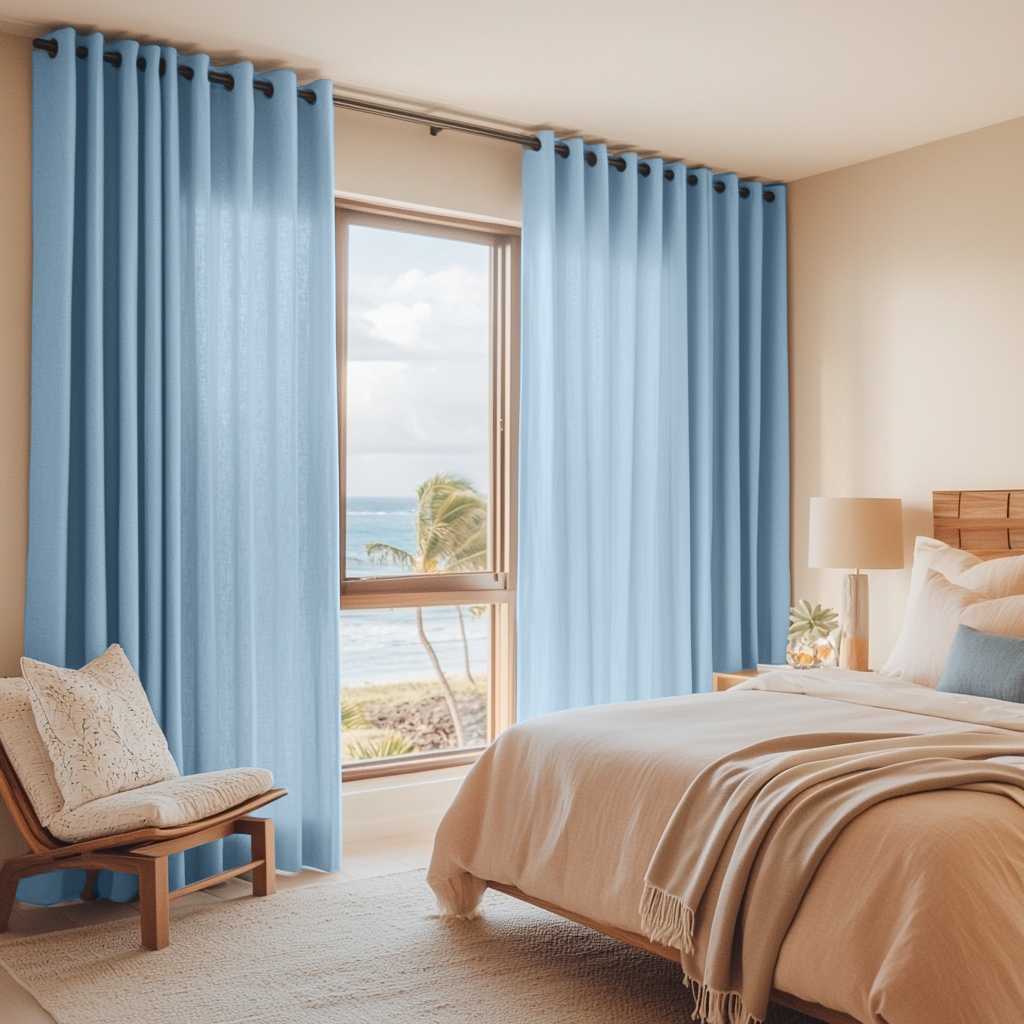 Sky Blue Linen Grommet Bedroom Curtains in a Soft Neutral Bedroom with Warm Beige Walls and Ivory Accents - Cotton Lining