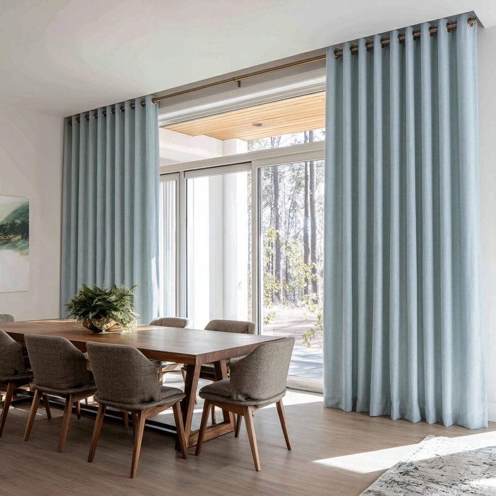 Sky Blue Linen Grommet Curtains for Sliding Doors in a Dining Room with White Walls - Blackout Lining
@Heading: Grommets