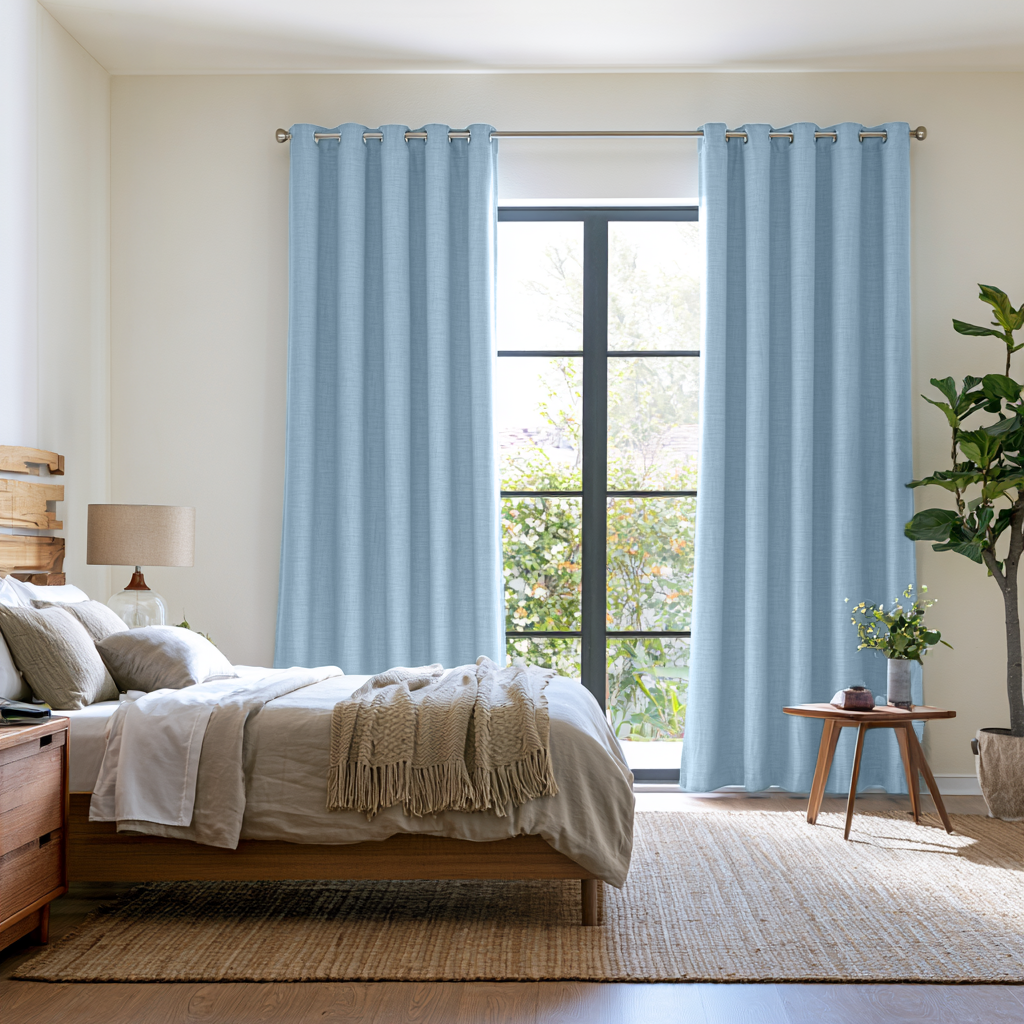 Sky Blue Linen Grommet Extra Long Curtains in a Bright, Modern Bedroom with Neutral Bedding and Natural Wood Accents