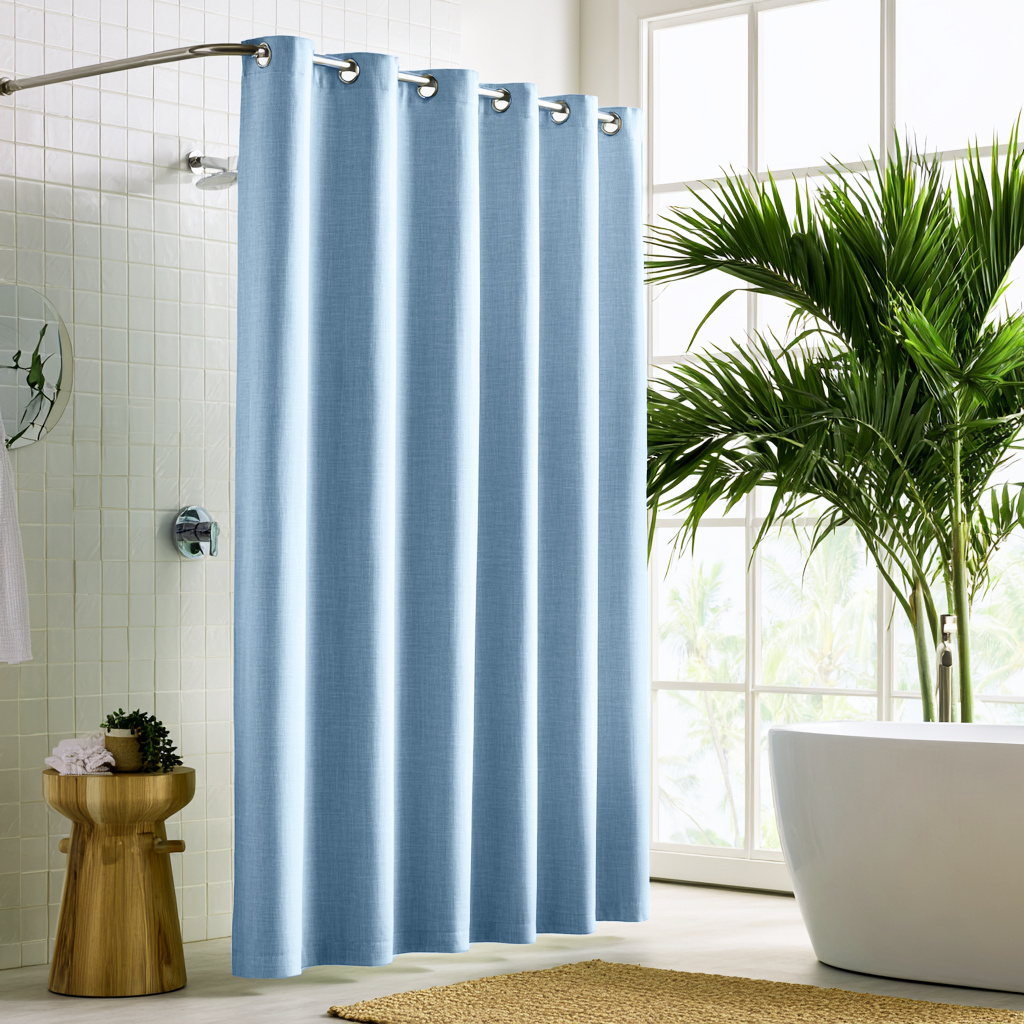 Sky Blue Linen Hookless Weighted Shower Curtain in a Bright Modern Bathroom
