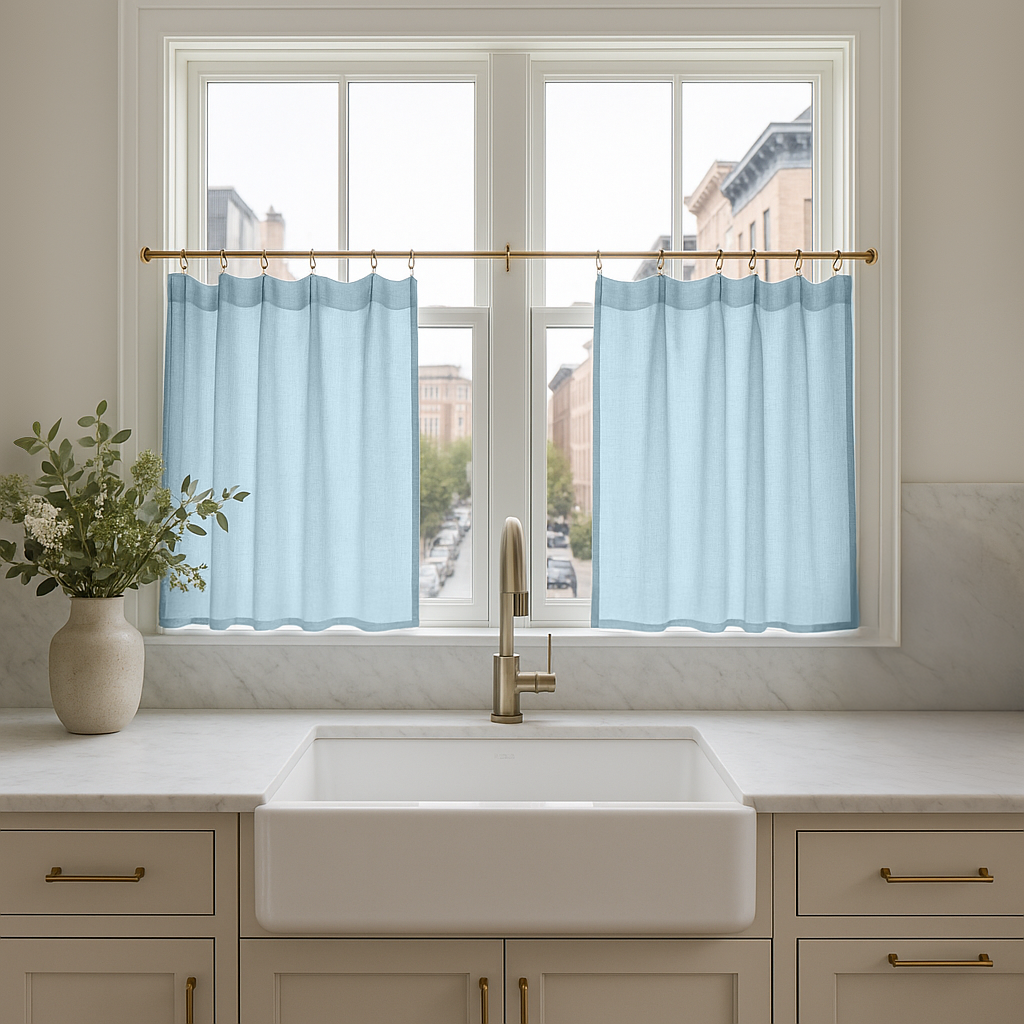 Sky Blue Linen Kitchen Curtains