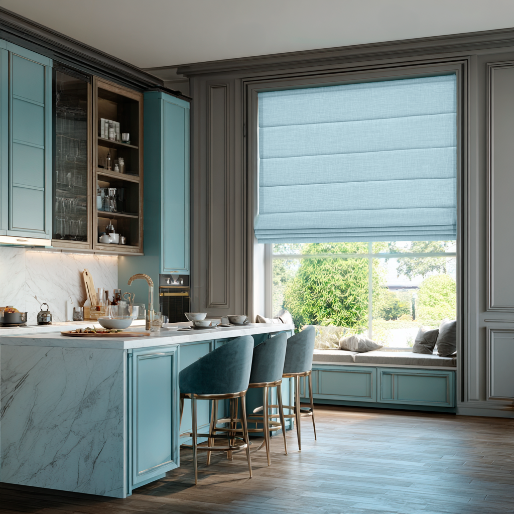 Sky Blue Linen Roman Shades in an Elegant Contemporary Kitchen with Blue Cabinetry - Cotton Lining