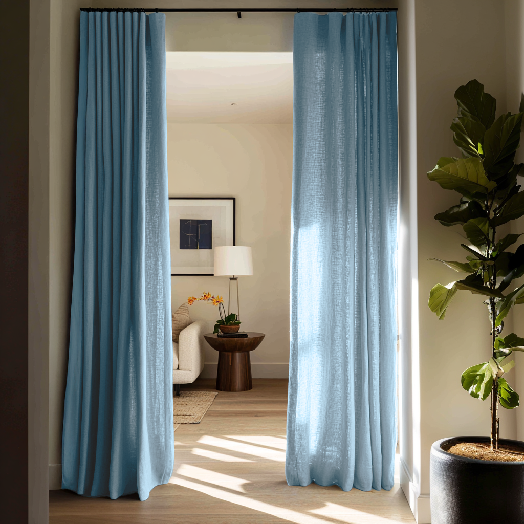 Sky Blue Linen Doorway Curtain with Multitape