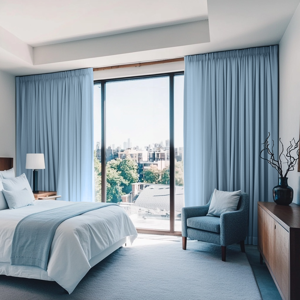 Sky Blue Linen Pencil Pleat Bedroom Curtains in an Airy Bedroom with White Walls and Soft Blue Accents