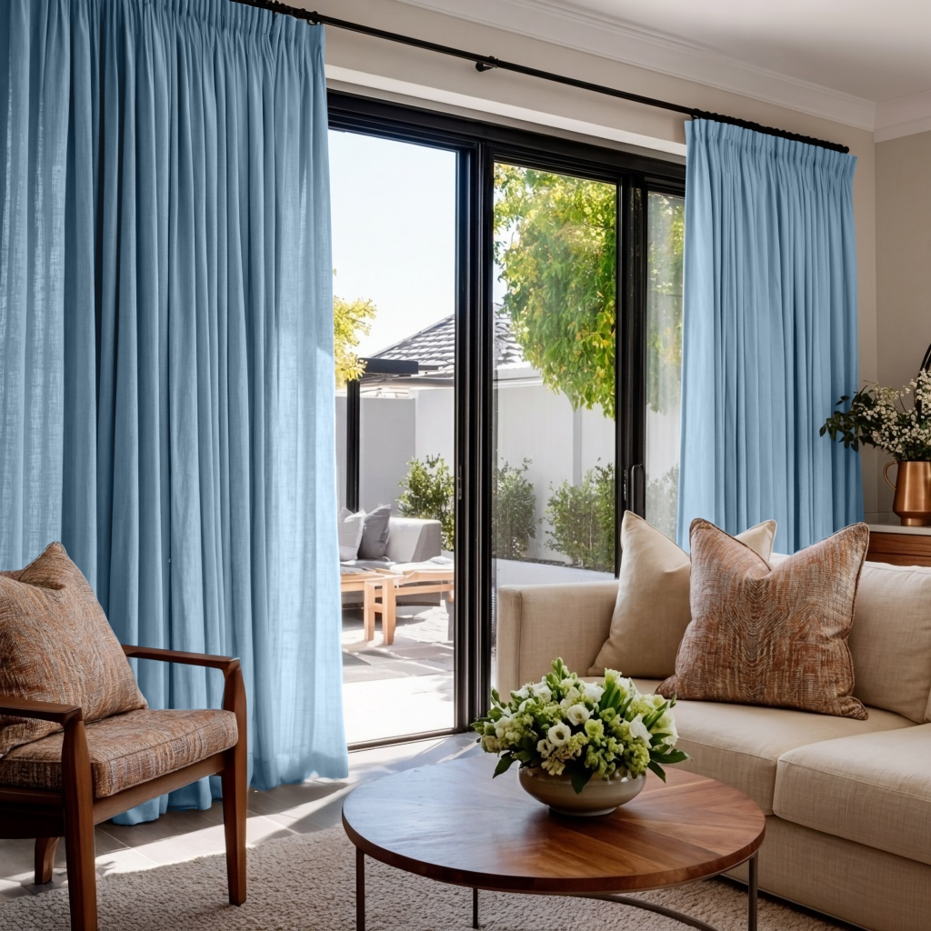 Sky Blue Linen Pencil Pleat Curtains for Sliding Doors in a Living Room with Off-White Walls - Cotton Lining
@Heading: Pencil Pleat