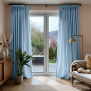 Sky Blue Linen Pinch Pleat Curtains for Sliding Doors in a Living Room with Beige Walls
@Heading: Pinch Pleat
