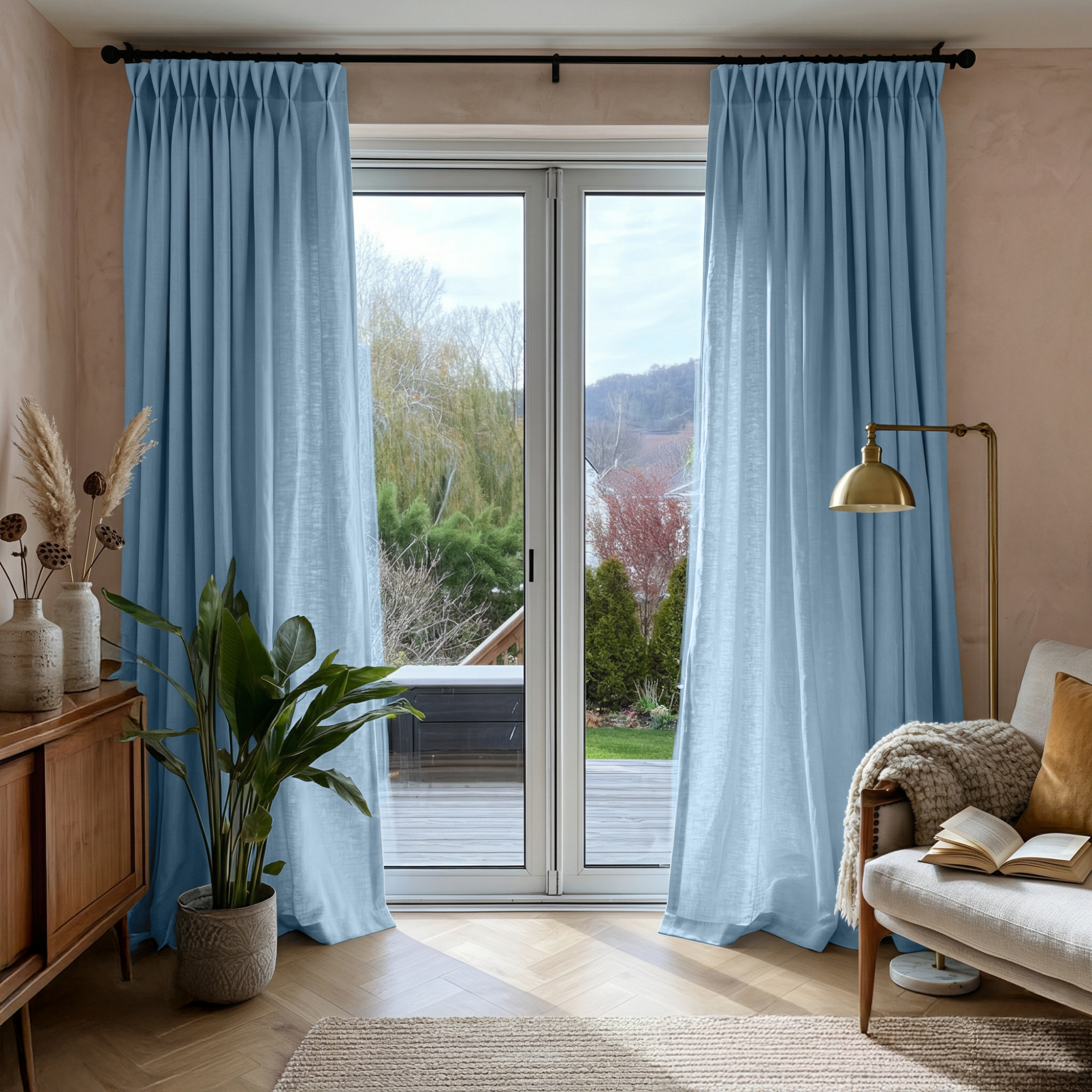 Sky Blue Linen Pinch Pleat Curtains for Sliding Doors in a Living Room with Beige Walls
@Heading: Pinch Pleat
