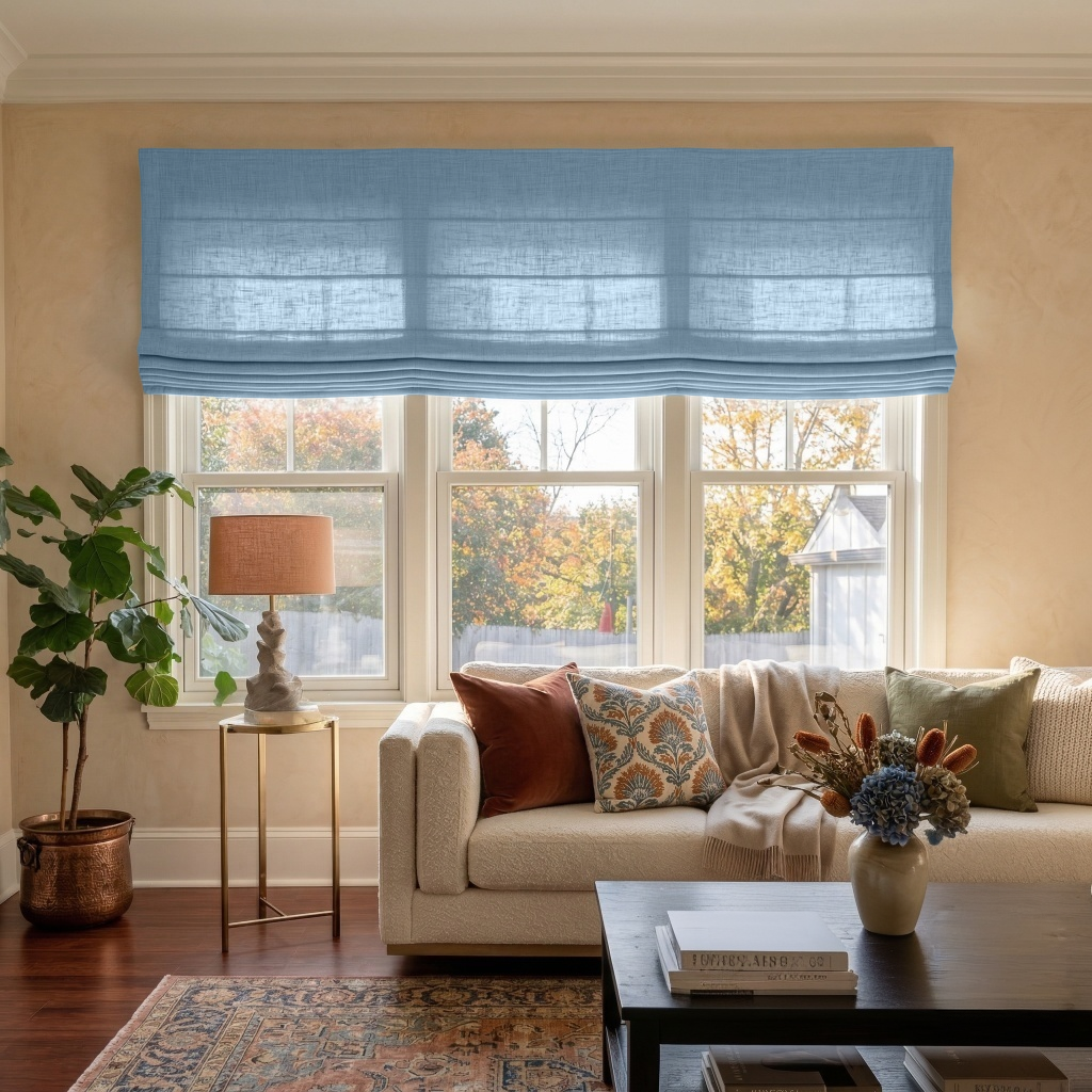 Sky Blue Linen Relaxed Roman Shades