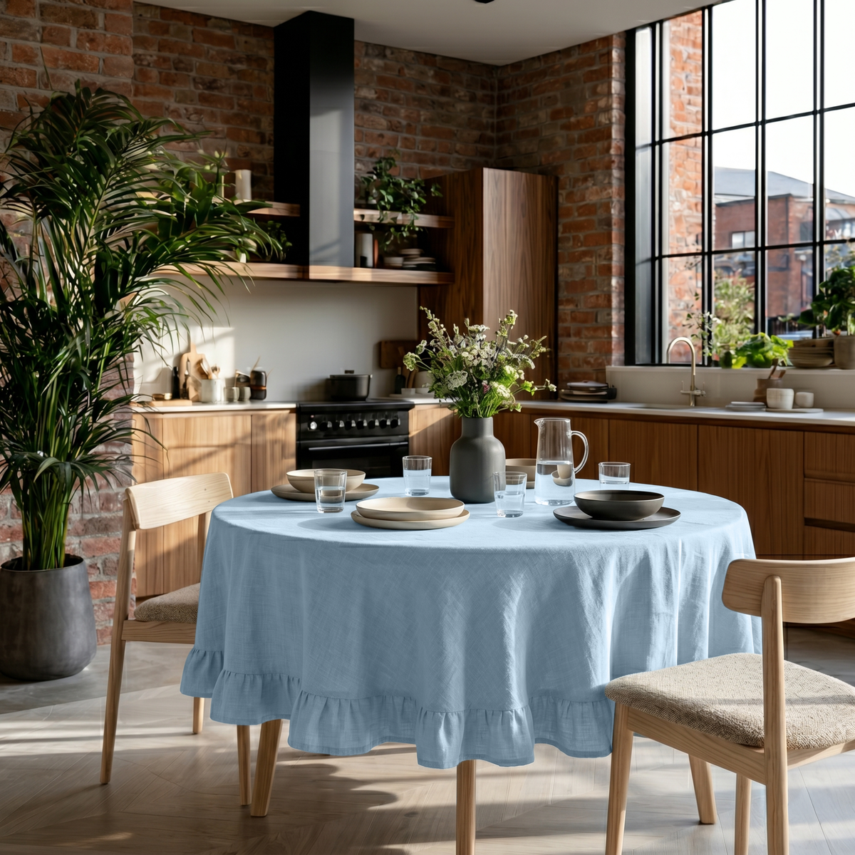 Sky Blue Linen Round Ruffle Tablecloth in an Industrial Kitchen Dining Space with Exposed Brick Walls and Warm Wood