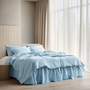Sky Blue Linen Bed Skirt with Gathered Ruffles