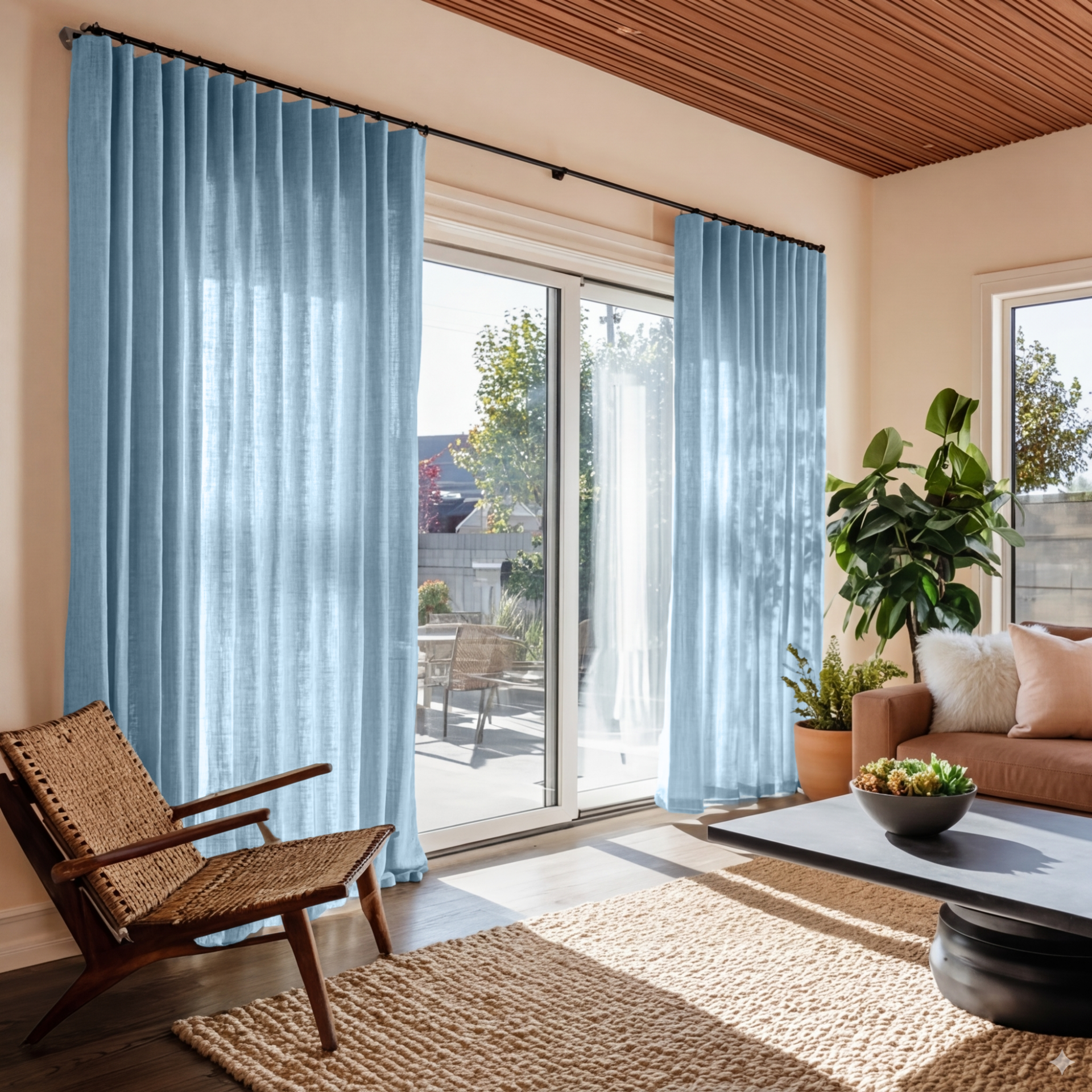 Sky Blue Linen S-Fold Curtains for Sliding Doors in a Living Room with Peach Walls
@Heading: S-Fold