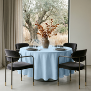 Sky Blue Linen Round Tablecloth in a Contemporary Dining Room