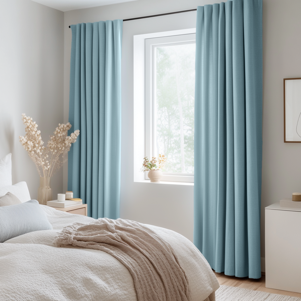 Sky Light Blue Bedroom Curtains - Linen Curtain Panel With Back Tabs - Unlined, Cotton or Blackout Lining