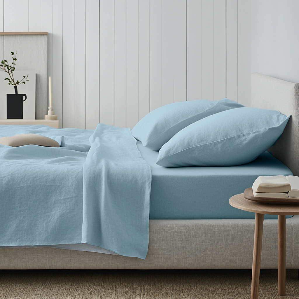 Light Sky Blue Washed Linen Deep Pocket Fitted Sheet 