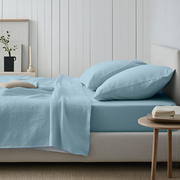 Light Sky Blue Washed Linen Deep Pocket Fitted Sheet 