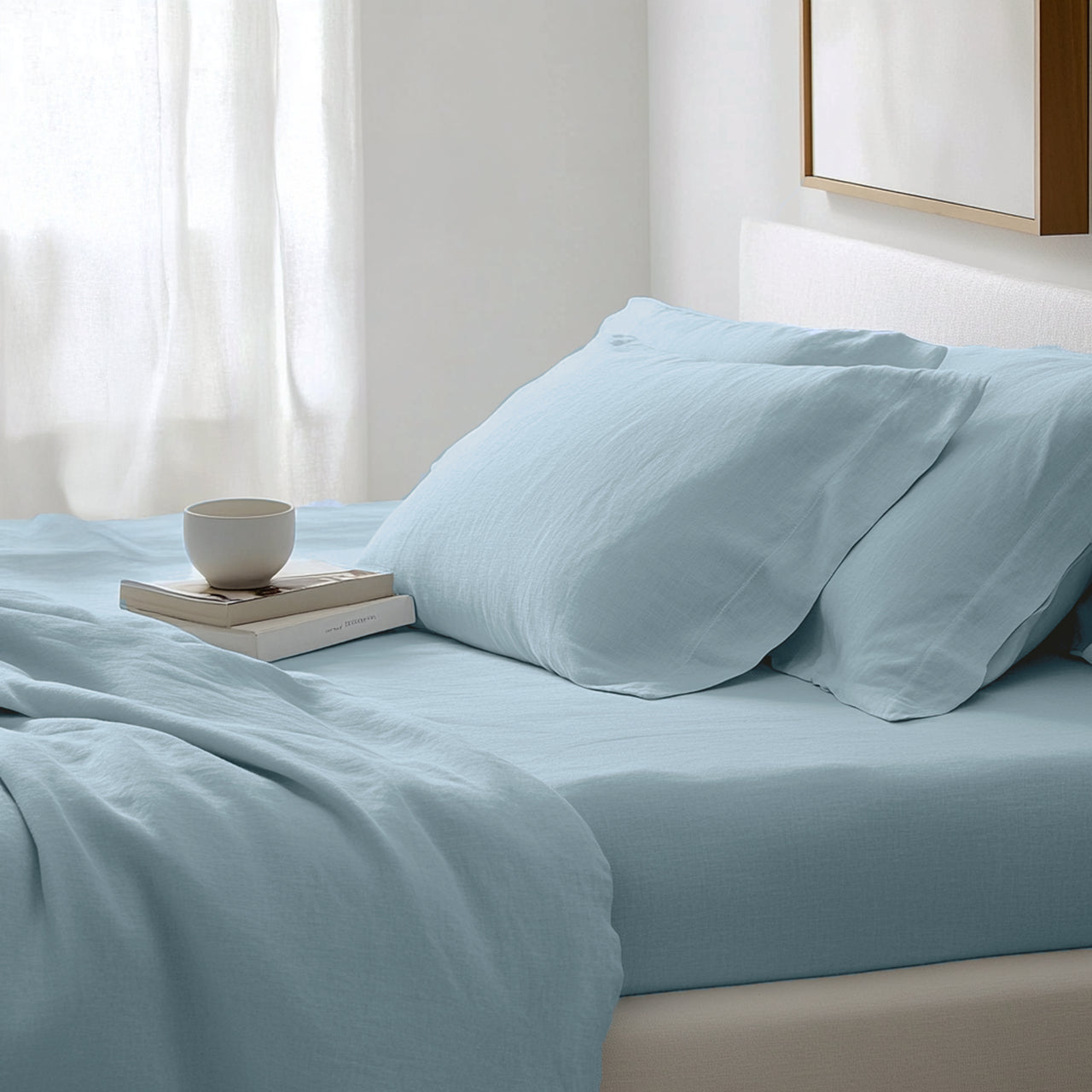 Light Sky Blue Washed Linen Deep Pocket Fitted Sheet 