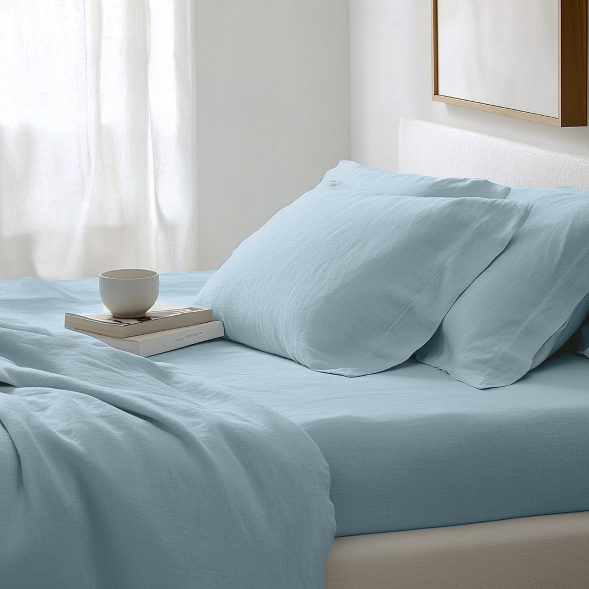 Light Sky Blue Washed Linen Deep Pocket Fitted Sheet 