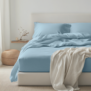 Light Sky Blue Washed Linen Deep Pocket Fitted Sheet 
