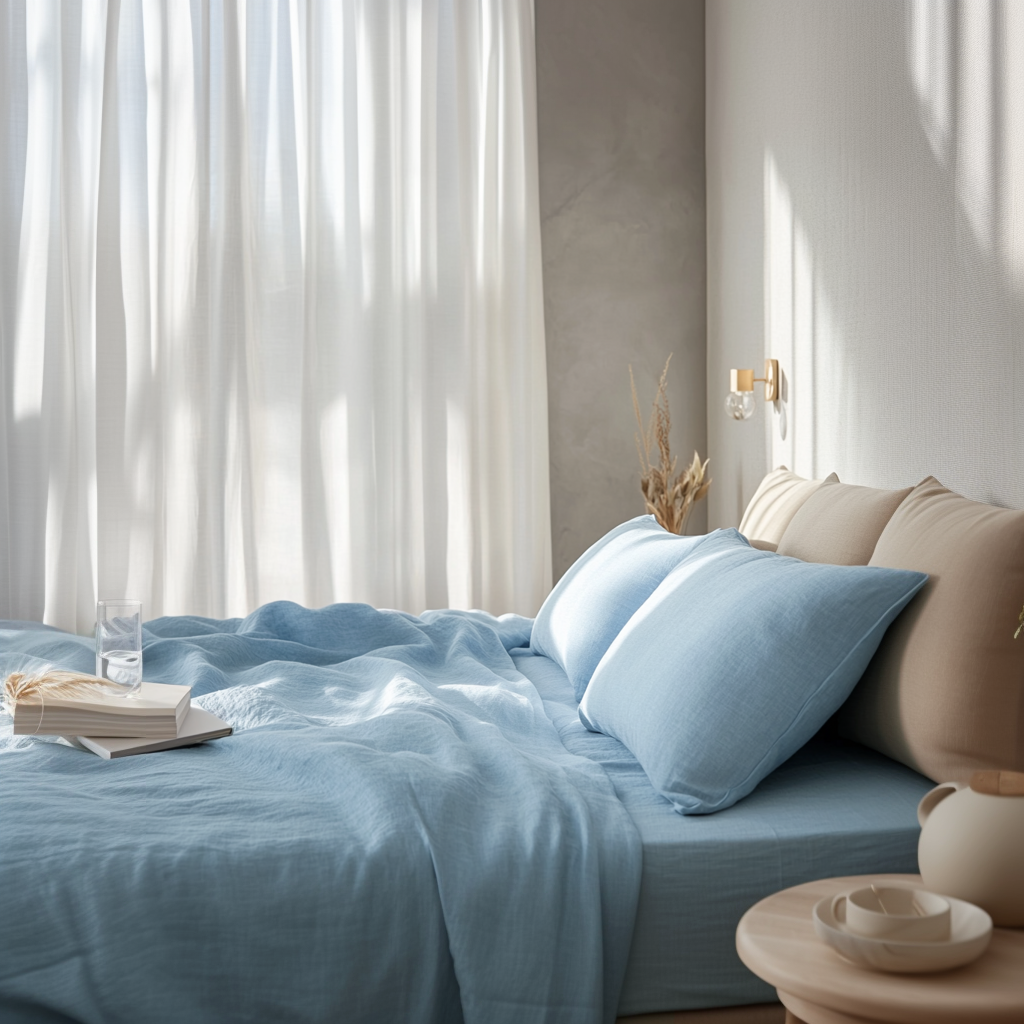 Light Sky Blue Washed Linen Deep Pocket Fitted Sheet Set 