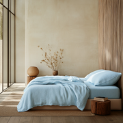 Light Sky Blue Washed Linen Deep Pocket Fitted Sheet Set 