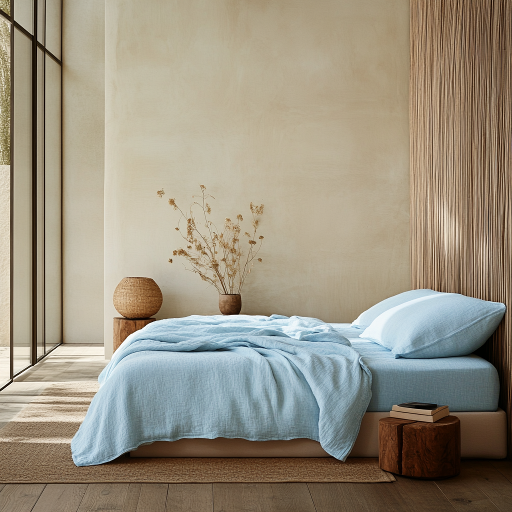 Light Sky Blue Washed Linen Deep Pocket Fitted Sheet Set 