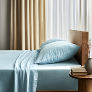 Light Sky Blue Washed Linen Deep Pocket Fitted Sheet Set 