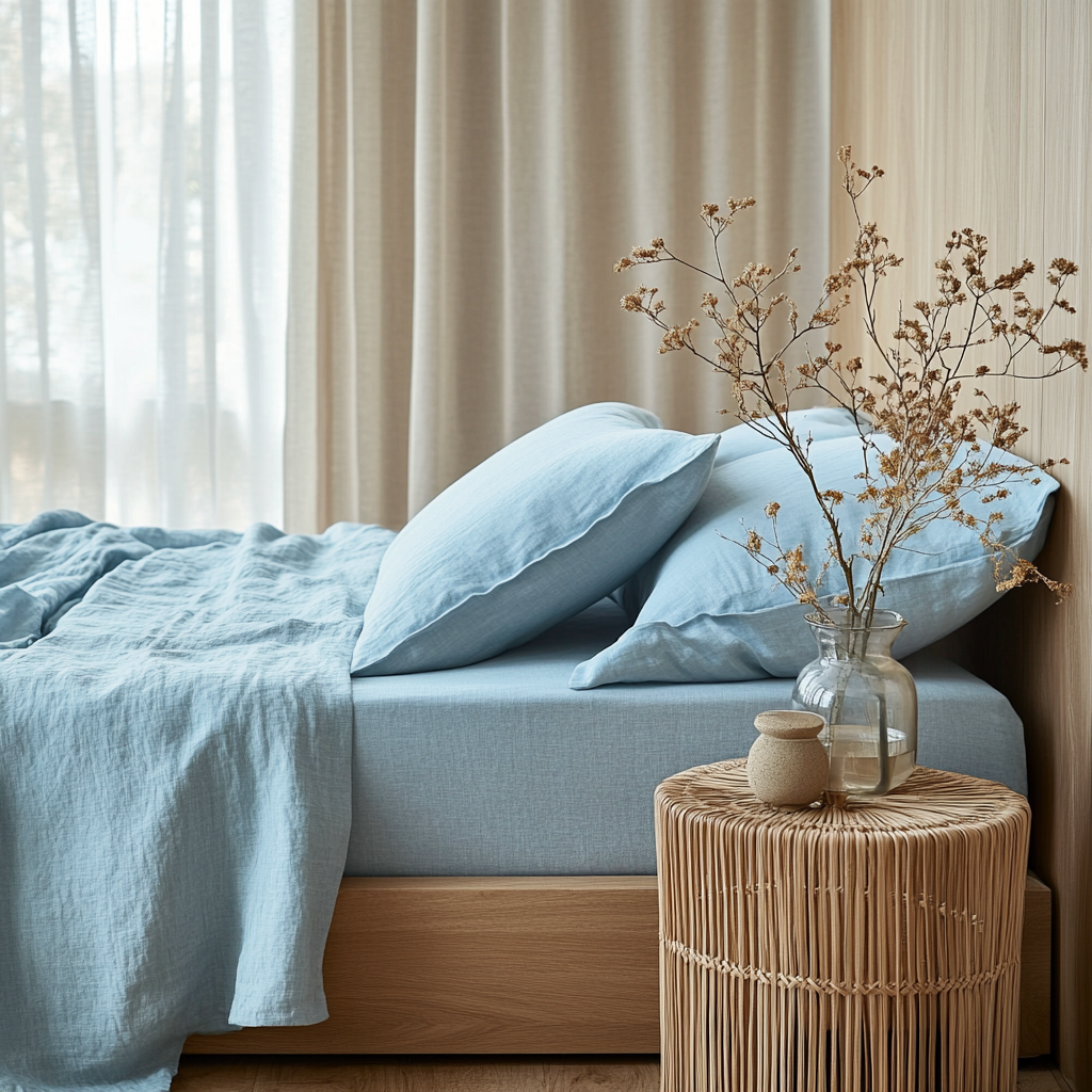 Light Sky Blue Washed Linen Deep Pocket Fitted Sheet Set 