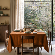 Terracotta Square Heavy Weight Linen Tablecloth in a Contemporary Dining Room