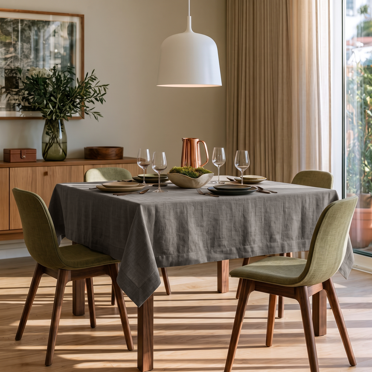 Natural Square Heavy Weight Linen Tablecloth in a Contemporary Dining Room with Olive Green Chairs and Warm Wood Furniture
