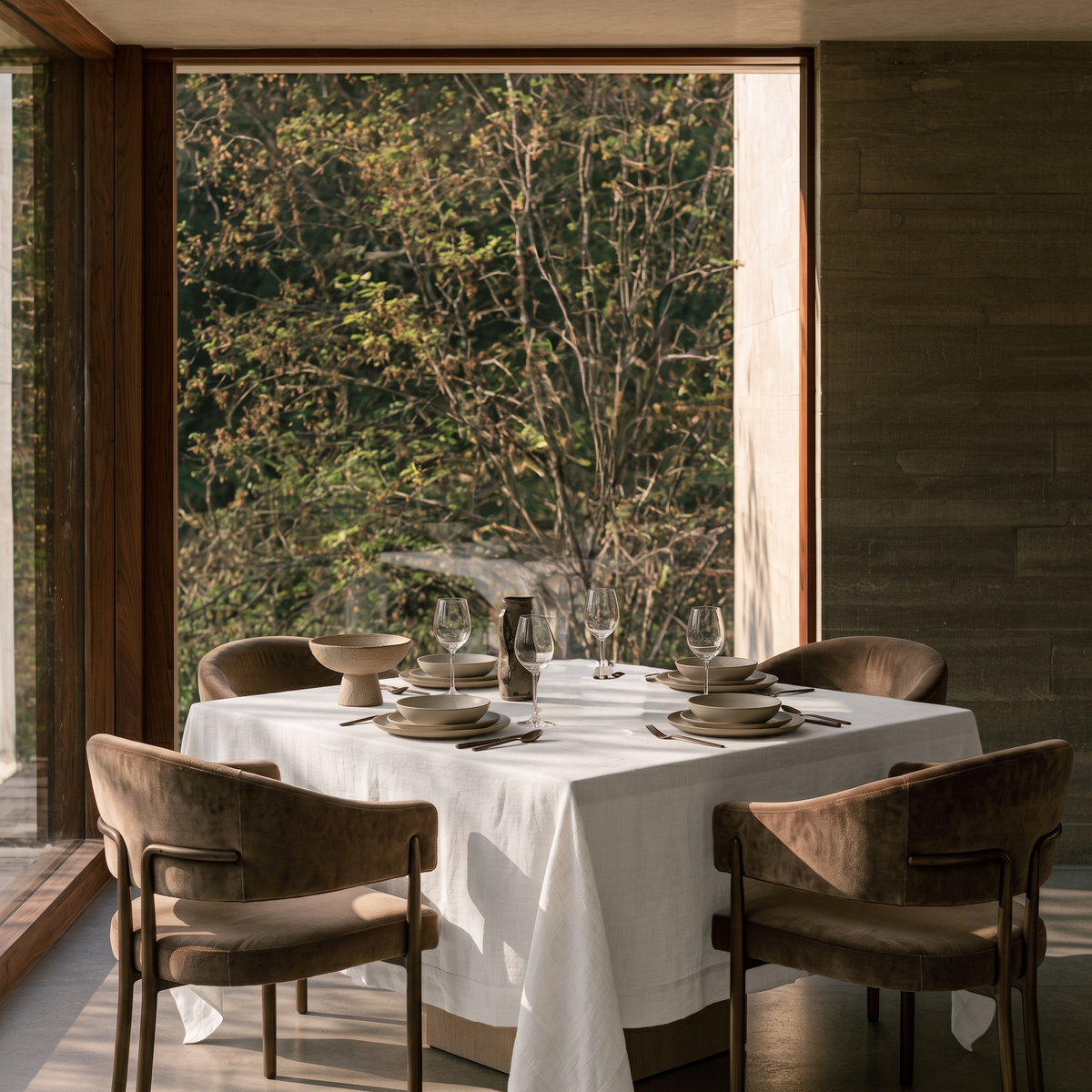 Off-White Square Heavy Weight Linen Tablecloth in a Contemporary Dining Room with Floor-to-Ceiling Windows and Taupe Upholstered Chairs