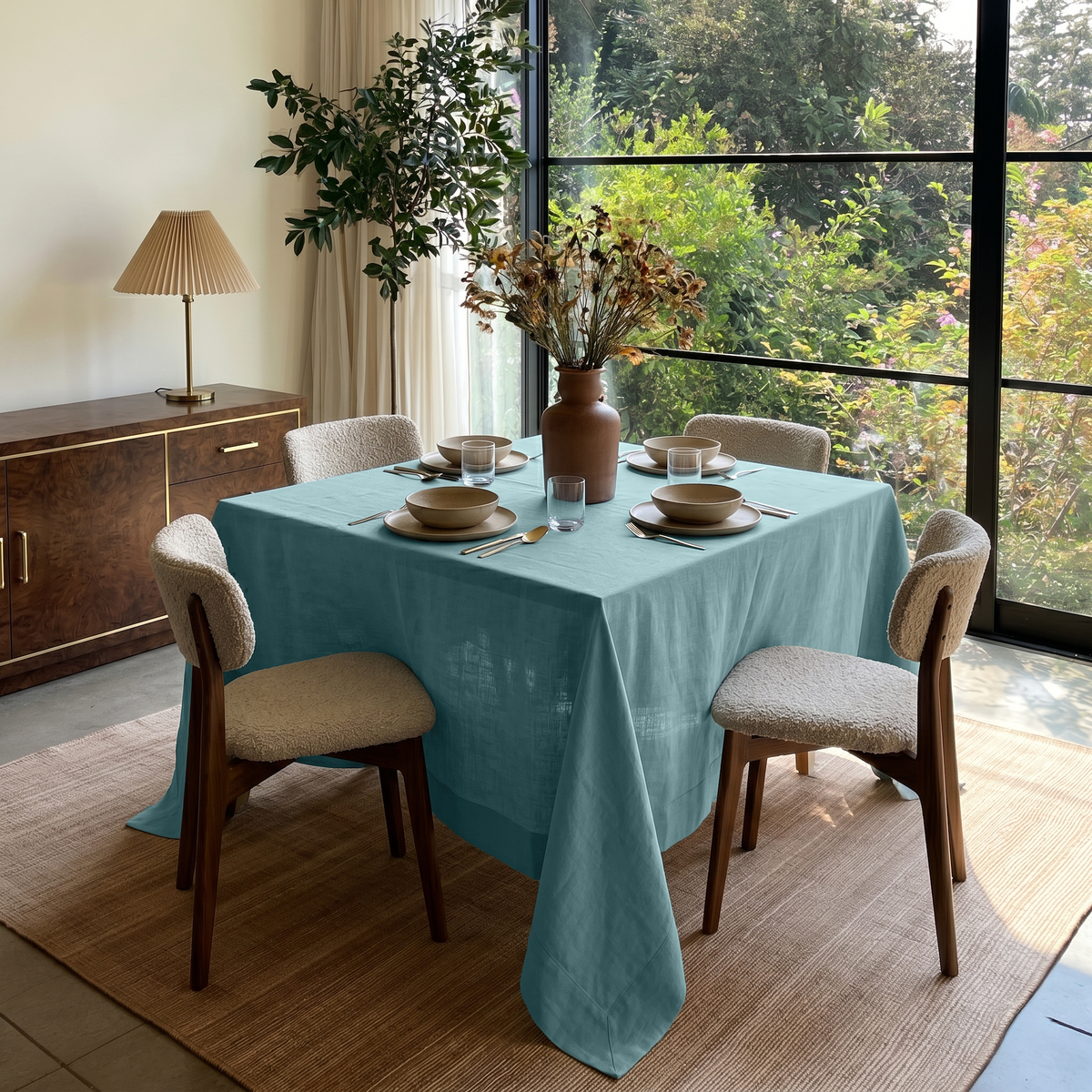 Aquamarine Blue Square Linen Tablecloth in a Bright Contemporary Dining Room with Bouclé Chairs