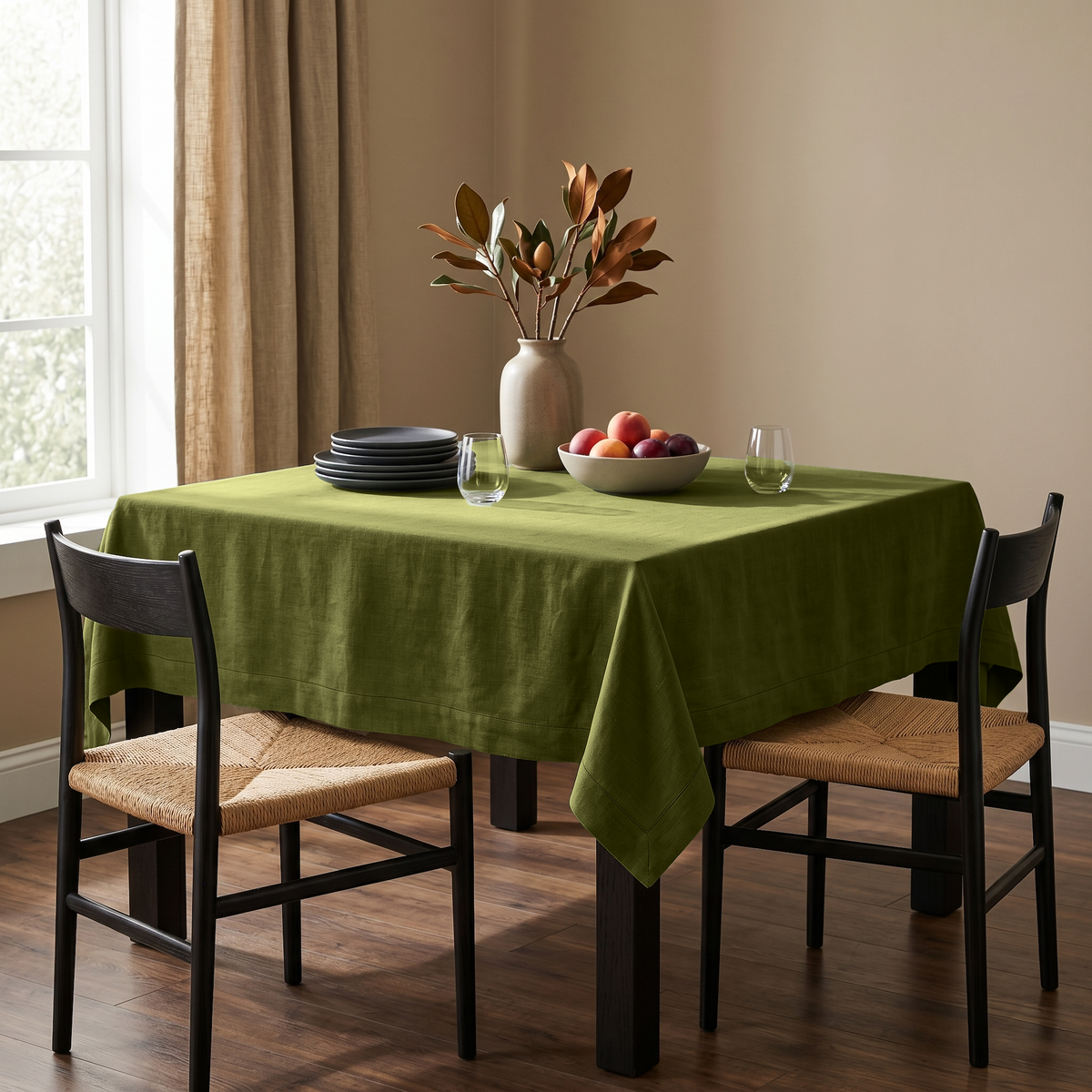 Moss Green Square Linen Tablecloth in a Warm Minimal Dining Room with Black Wood Chairs