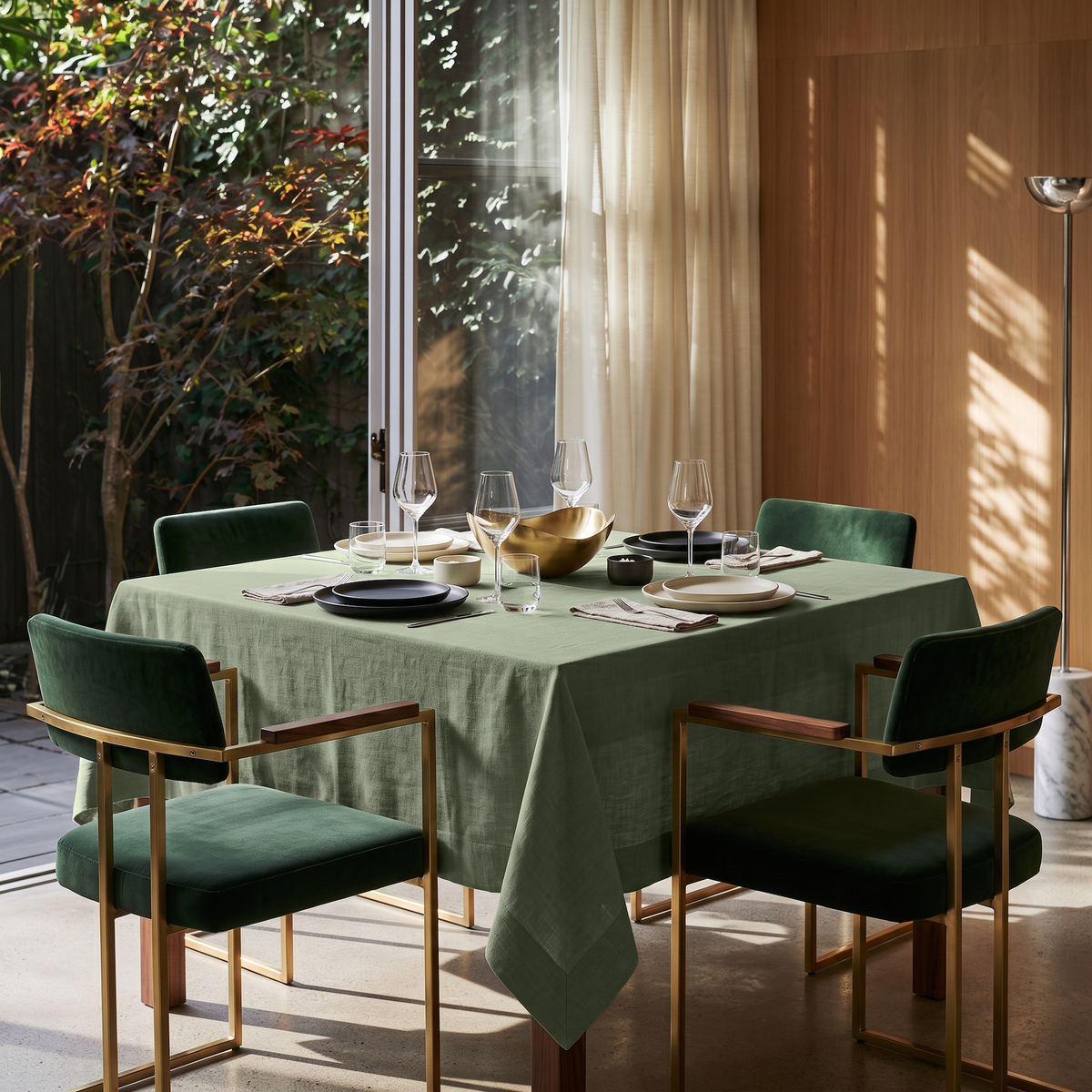 Asparagus Green Square Linen Tablecloth in a Contemporary Dining Room with Green Velvet Chairs and Warm Wood Paneling