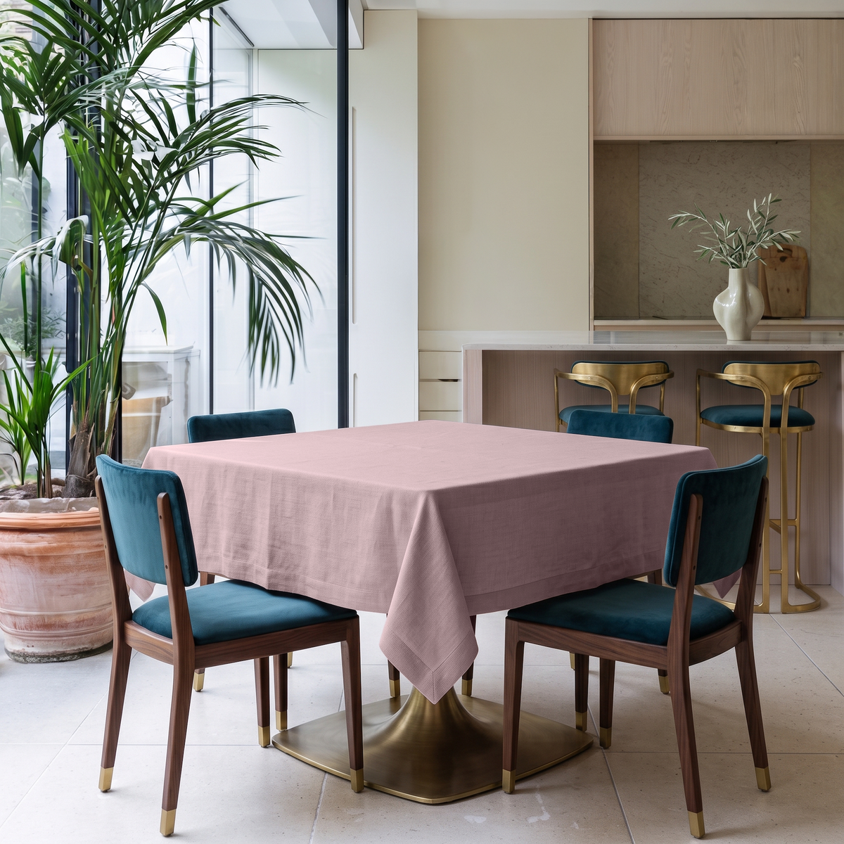 Dusty Pink Square Linen Tablecloth in a Contemporary Dining Room with Teal Upholstered Chairs