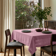 Dusty Rose Square Linen Tablecloth in a Contemporary Dining Room with Dark Wood Chairs