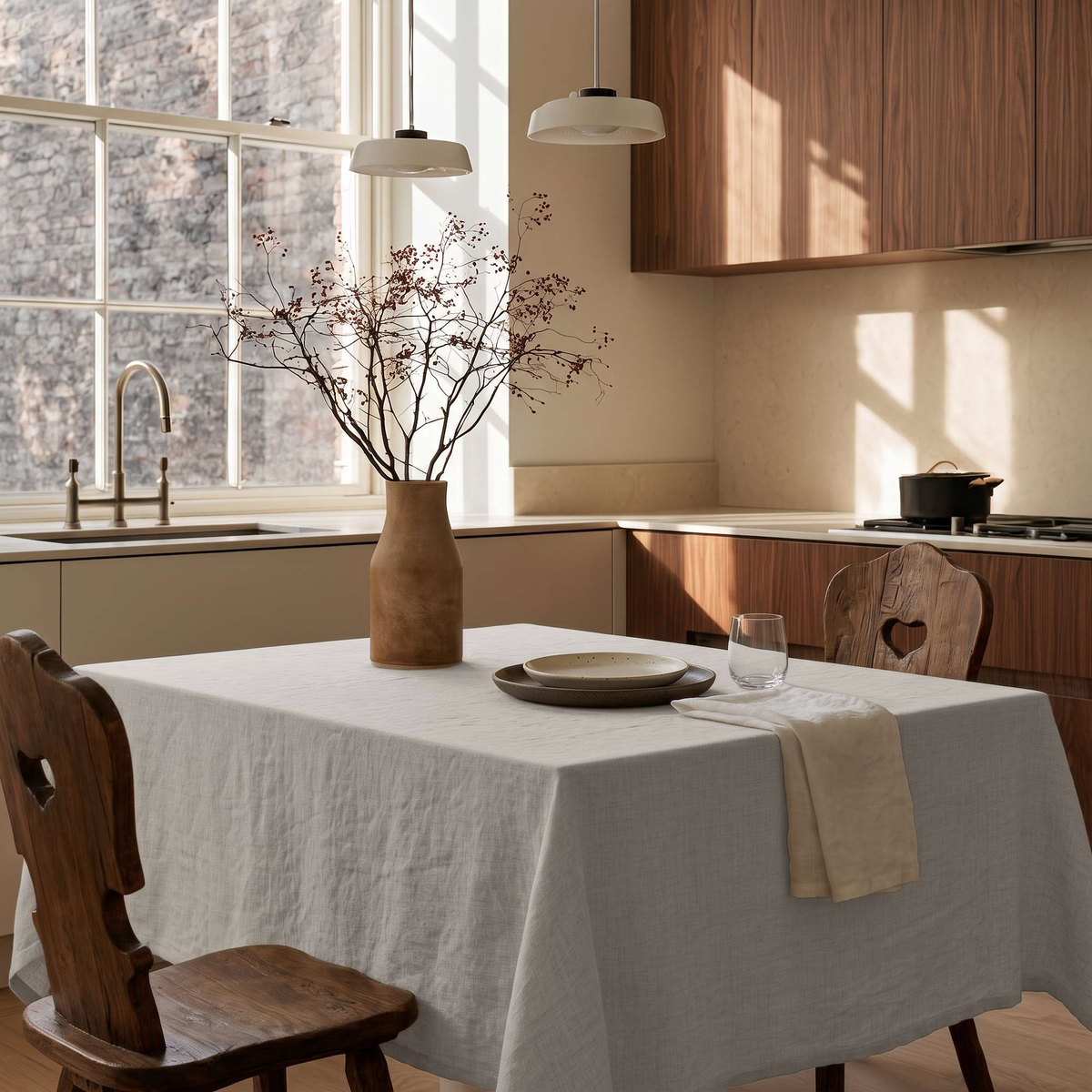 Natural Square Linen Tablecloth in a Warm Contemporary Kitchen with Walnut Cabinetry