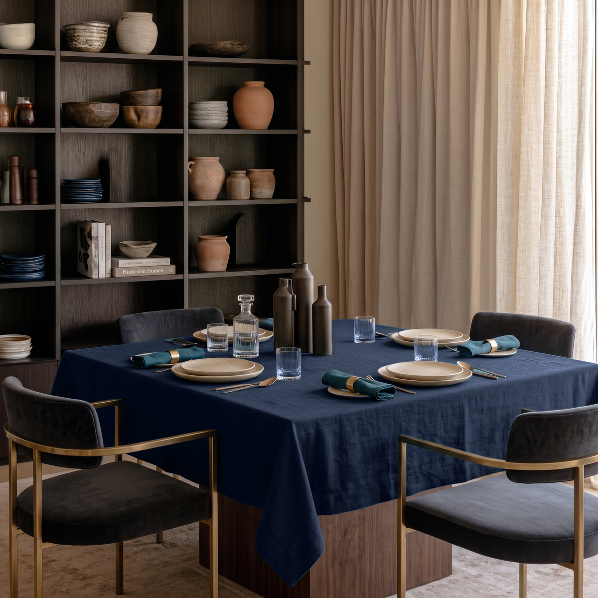 Royal Blue Square Linen Tablecloth in a Modern Dining Room with Dark Built-In Shelving and Cream Curtains