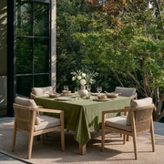 Olive Green Square Velvet Tablecloth in a Contemporary Outdoor Dining Area with Wooden Armchairs