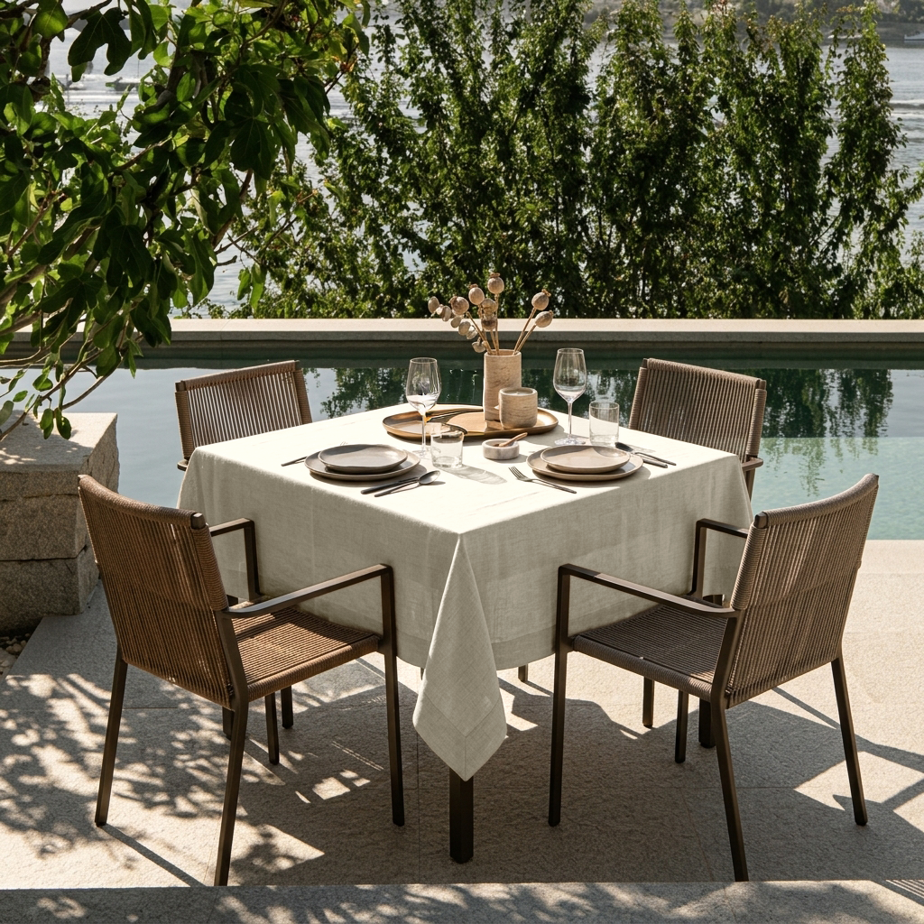 Ecru Square Heavy Weight Linen Tablecloth in an Outdoor Dining Area with Woven Chairs
