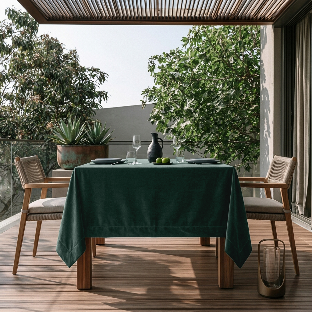 Hunter Green Square Velvet Tablecloth in a Modern Outdoor Dining Area with Wooden Armchairs