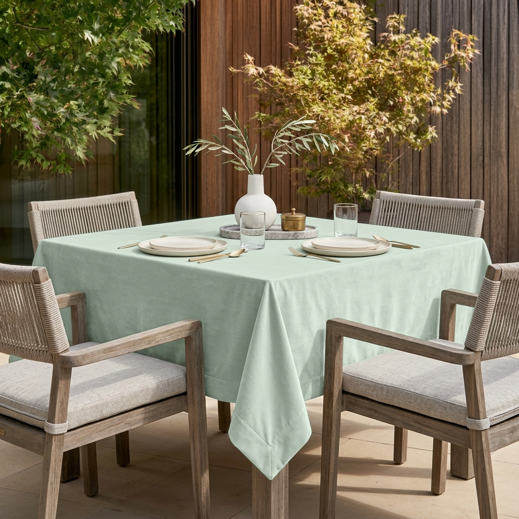 Mint Green Square Velvet Tablecloth in a Modern Outdoor Dining Area with Woven Chairs